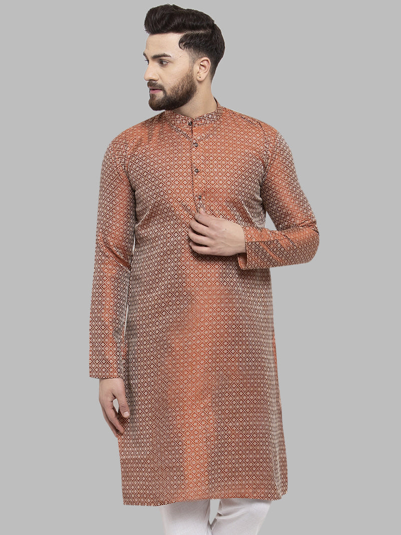Jompers Men Orange & White Woven Design Kurta Only