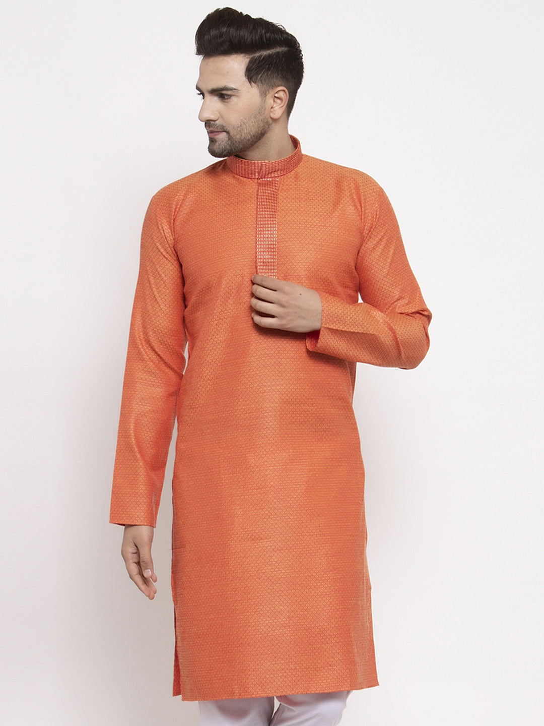 Jompers Men Orange Embroidered Kurta Only