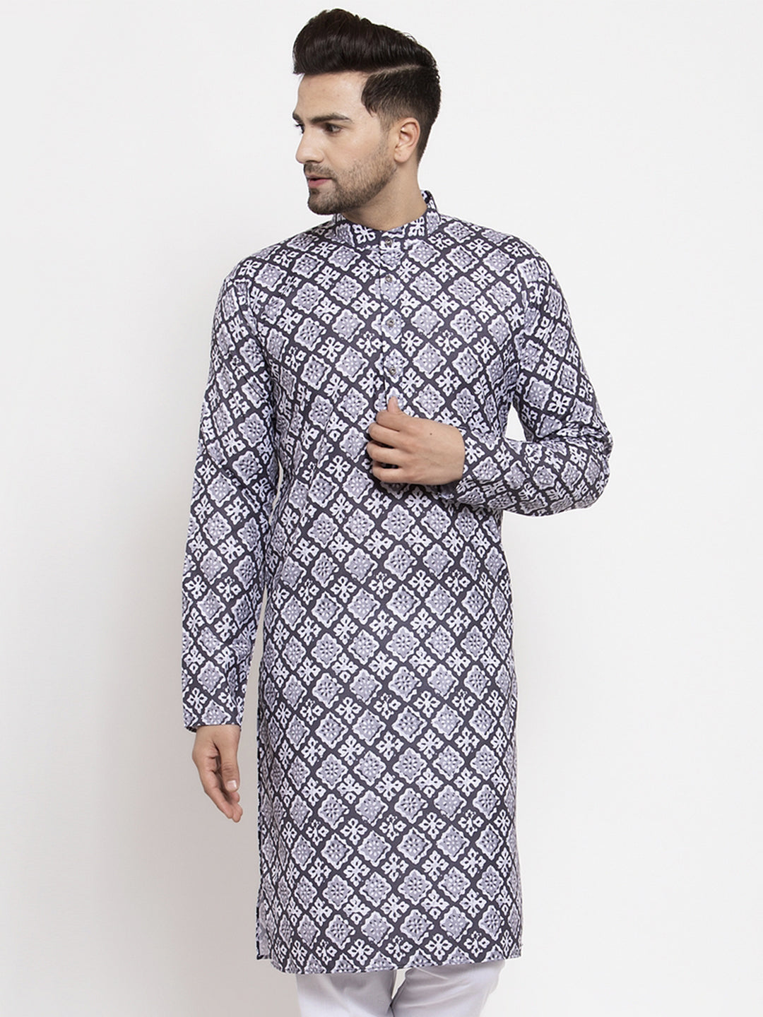 Jompers Men Blue & White Printed Kurta Only