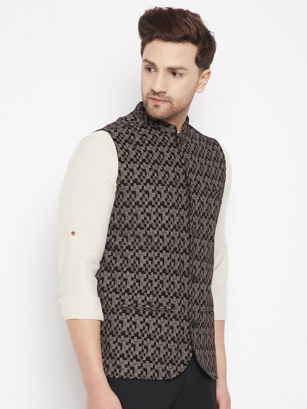 Even Apparels Black Merino Men Woven Nehru Jacket BF539