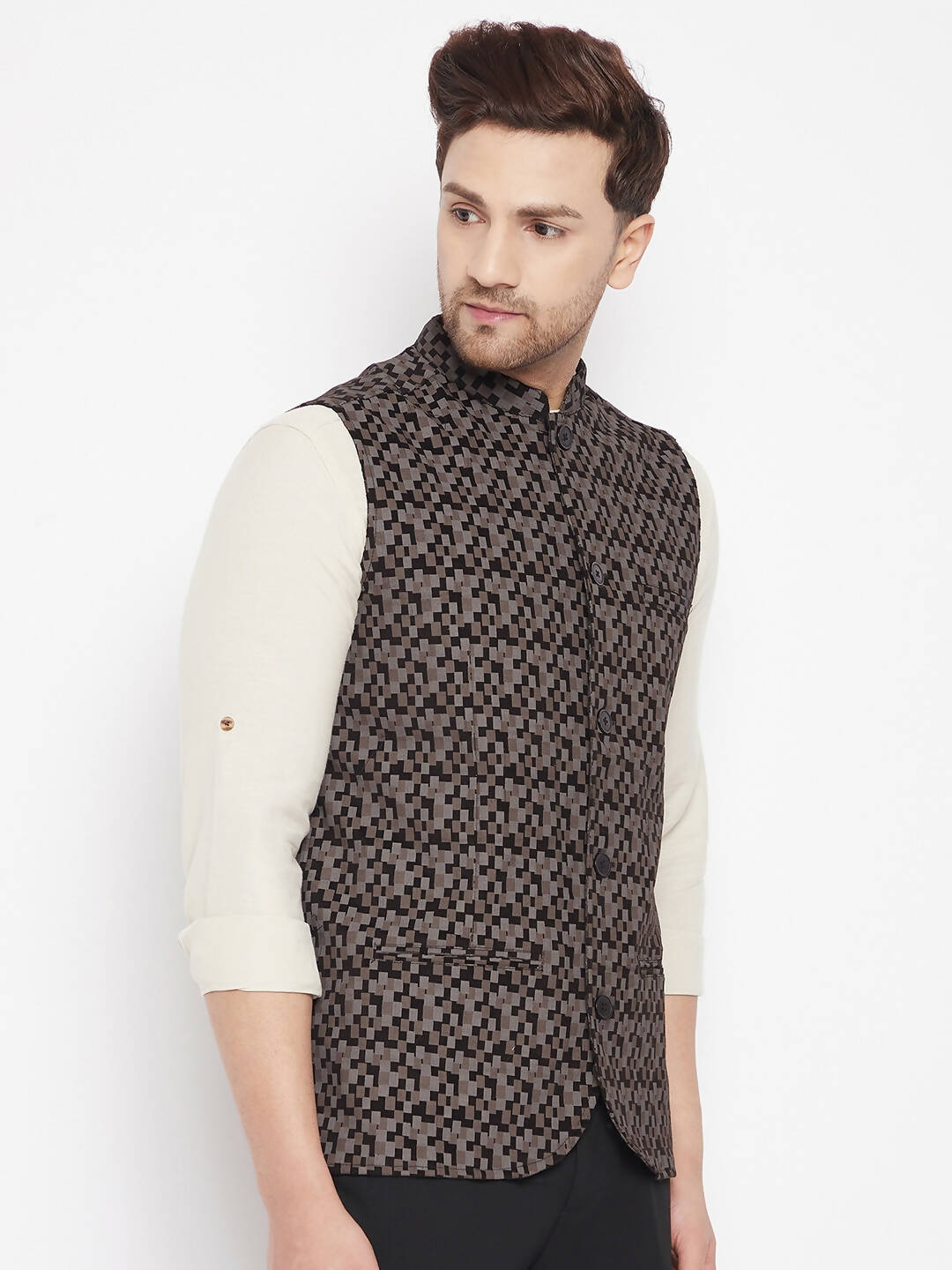 Even Apparels Black Merino Men Woven Nehru Jacket BF539