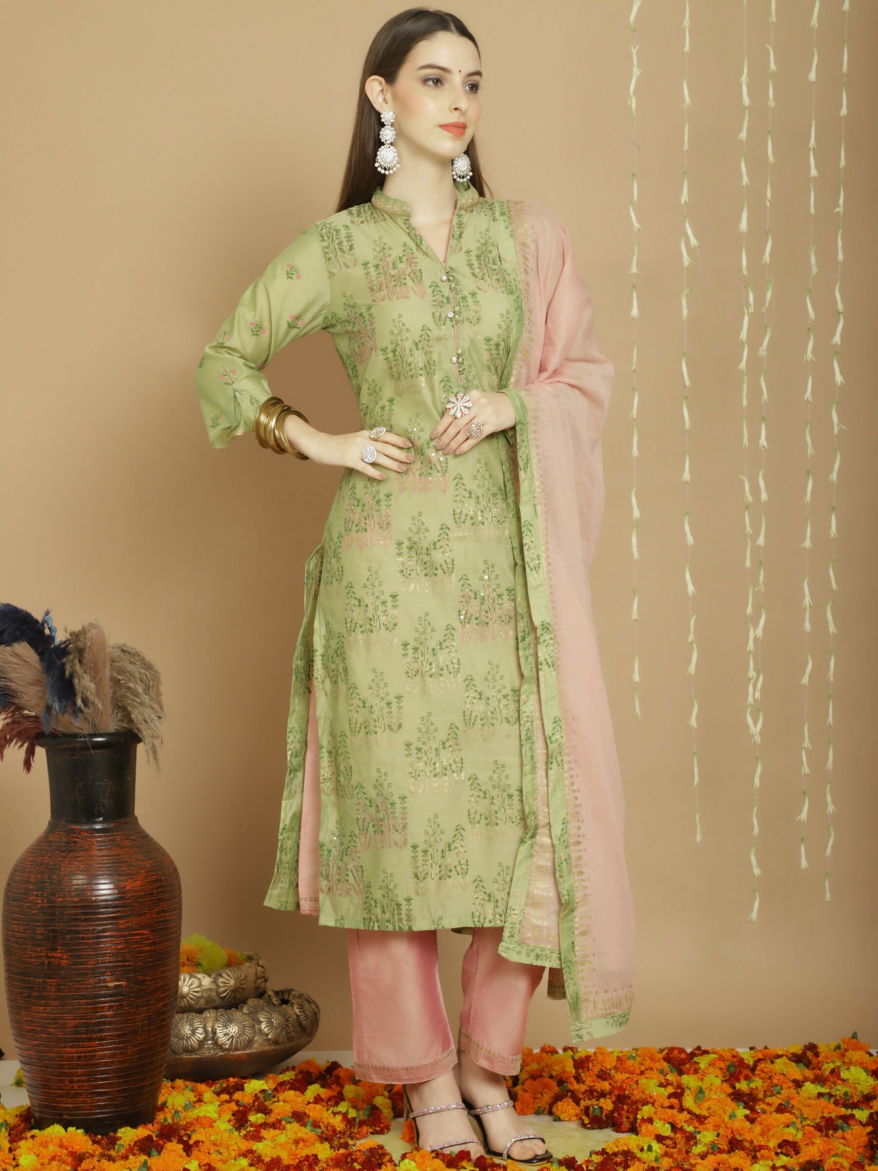 Jyoti Fashion Women's Green Chanderi Silk Elegant Jardoshi Semi Kurta with Trouser & Dupatta
