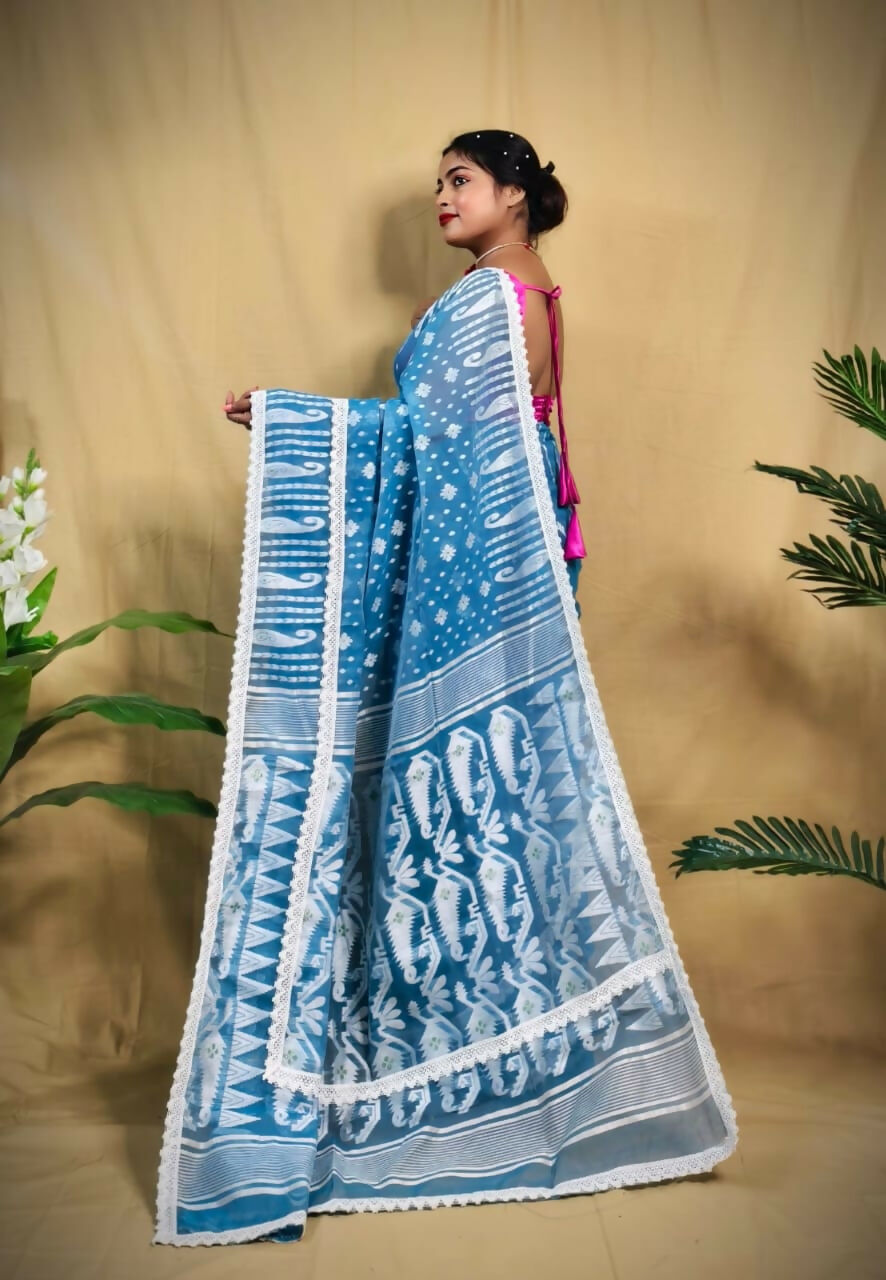 Exclusive Collection Beautiful Light Blue Jaal Jamdani Saree