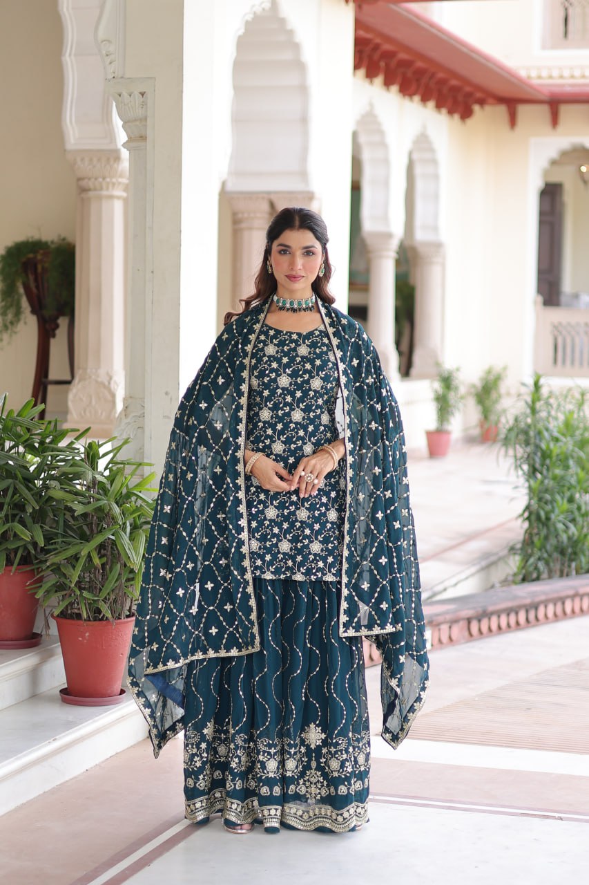 Lehenga Mart Premium Readymade Kurti Sharara With Dupatta Set For Women-Teal Blue