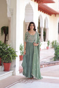 Lehenga Mart Premium Readymade Gown With Dupatta Set For Women-Sage Green