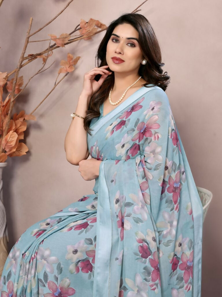 Designer Partywear Light Blue Bright Moss Satin Patta Fancy Saree - Kanak
