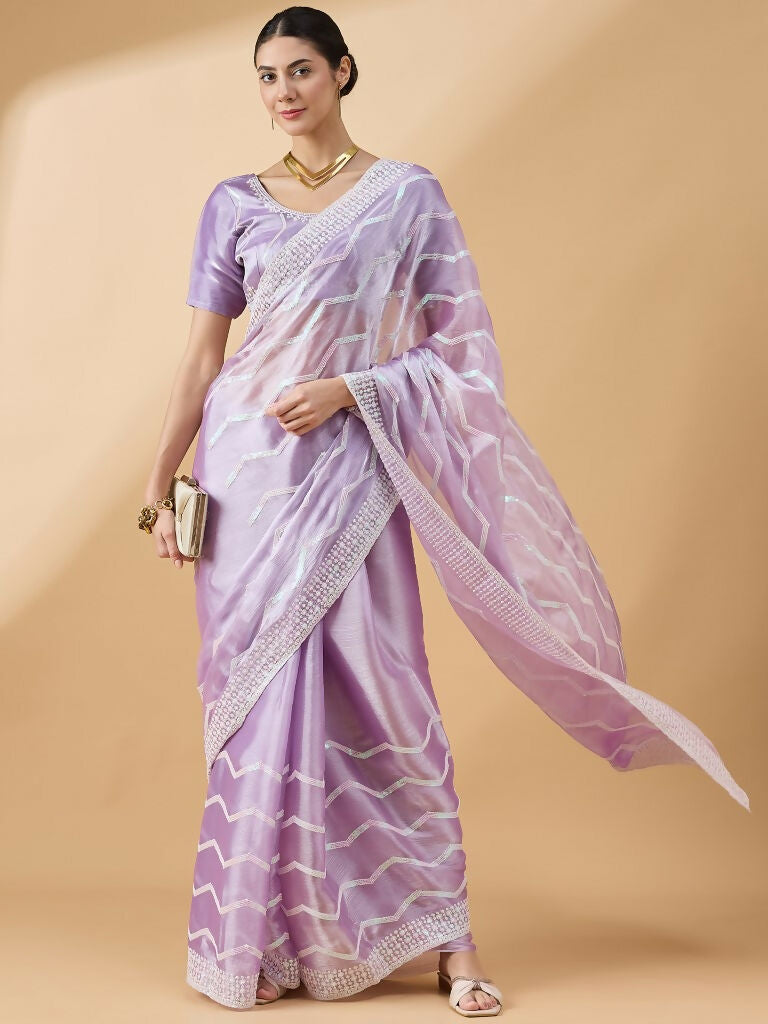 Purple Tissue Slub Embroidered Saree with Unstitched Blouse - Vairagi