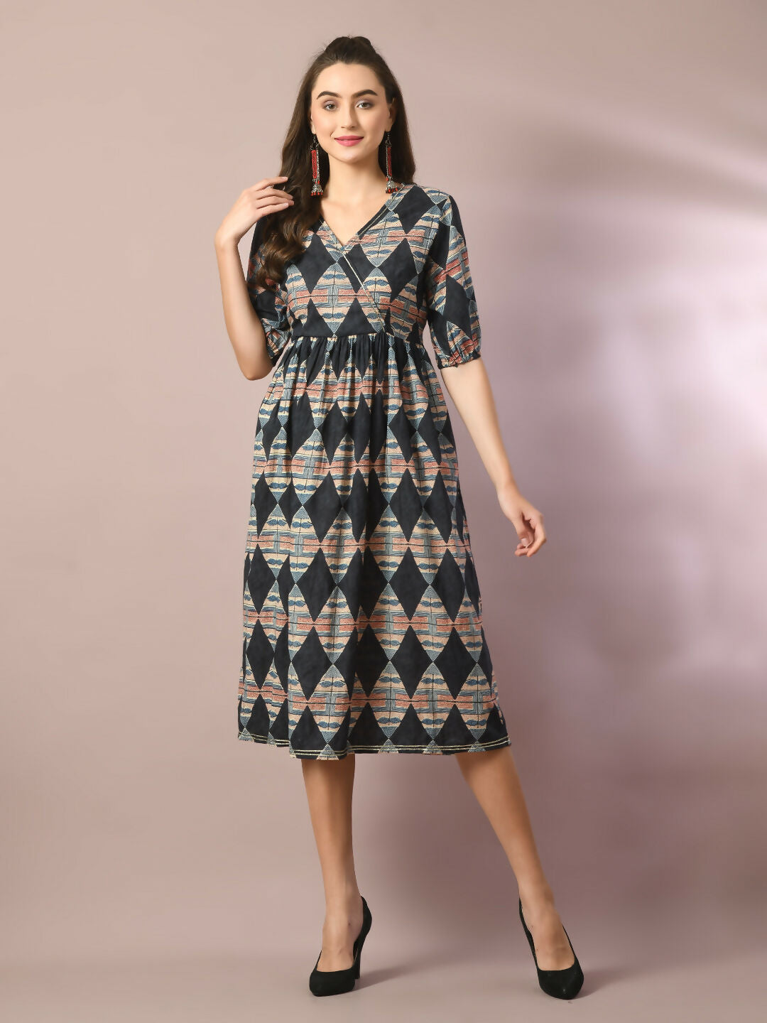 Myshka Women's Multi Printed Cotton V-Neck Empire Party Dress