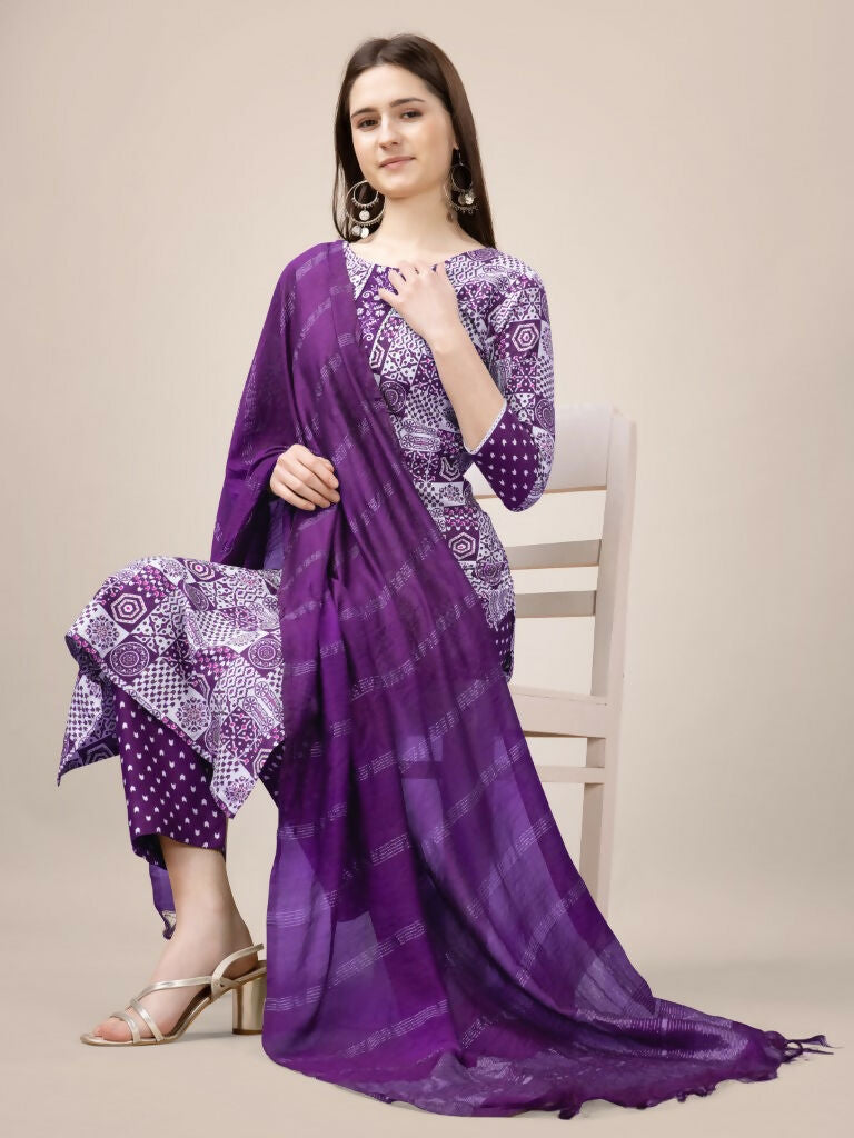 Jyoti Fashion Women's Purple Rayon Print with Embroidery & Fancy Lace Work Kurta with Trouser & Dupatta