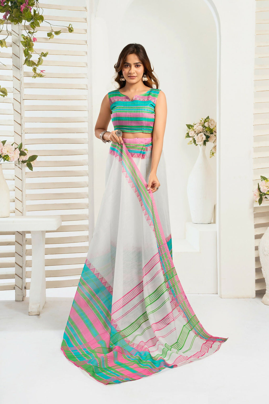 Vastranavya Multicolor Digital Printed Linen Ready To Wear Designer Saree with Unstitched Blouse