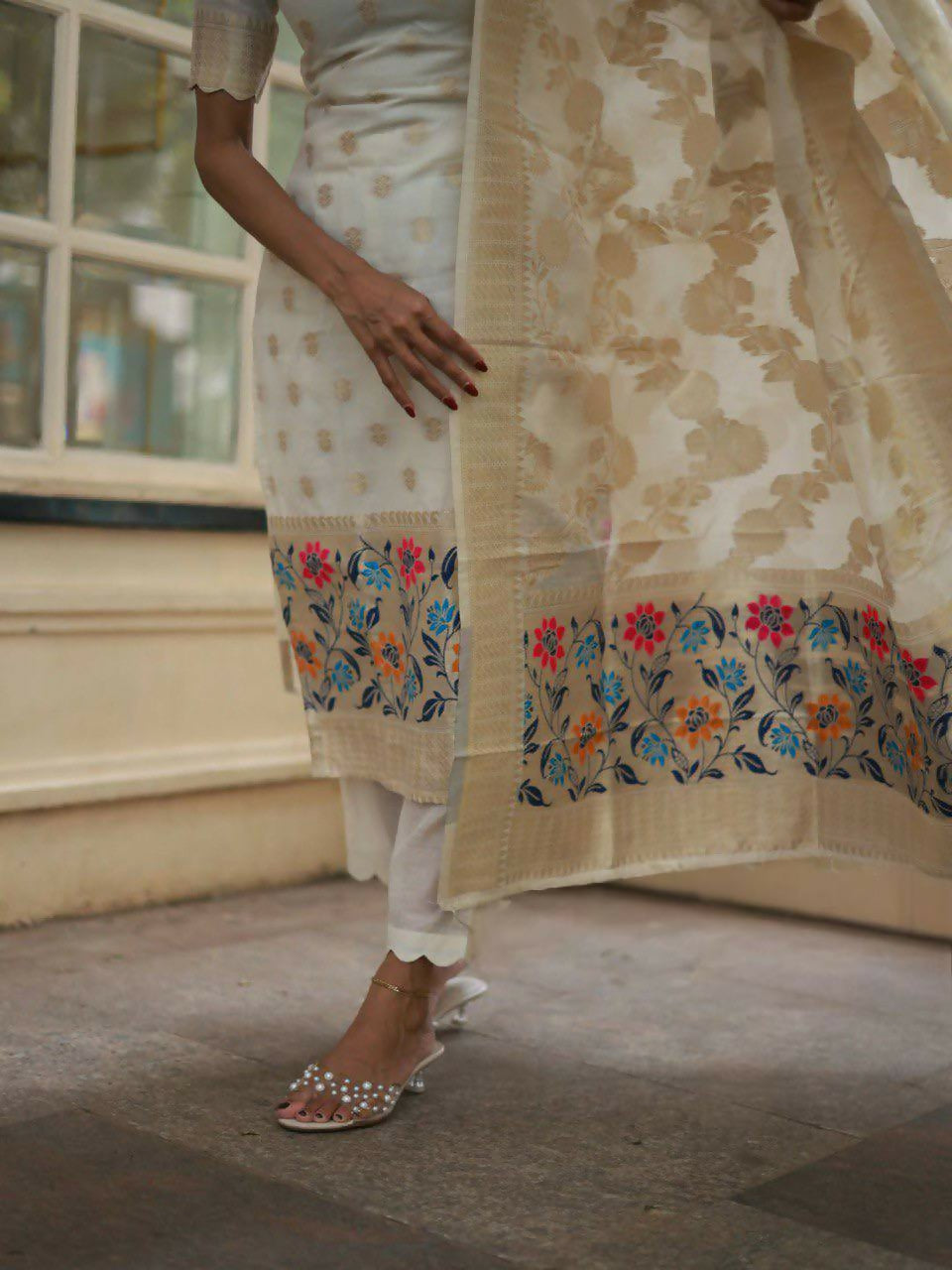 The52 White Women's Beautiful Viscose Jacquard Fabric Printed Work Straight Kurta Pant and Dupatta Set