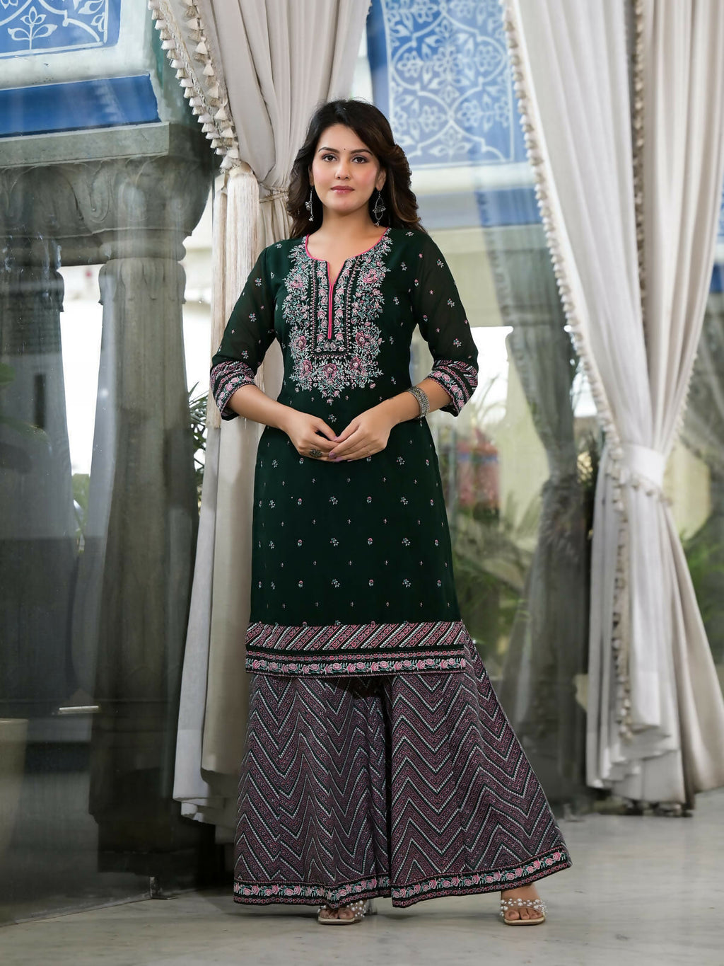 Juniper Women's Green Floral Printed Georgette Kurta Sharara & Dupatta Set With Sequins