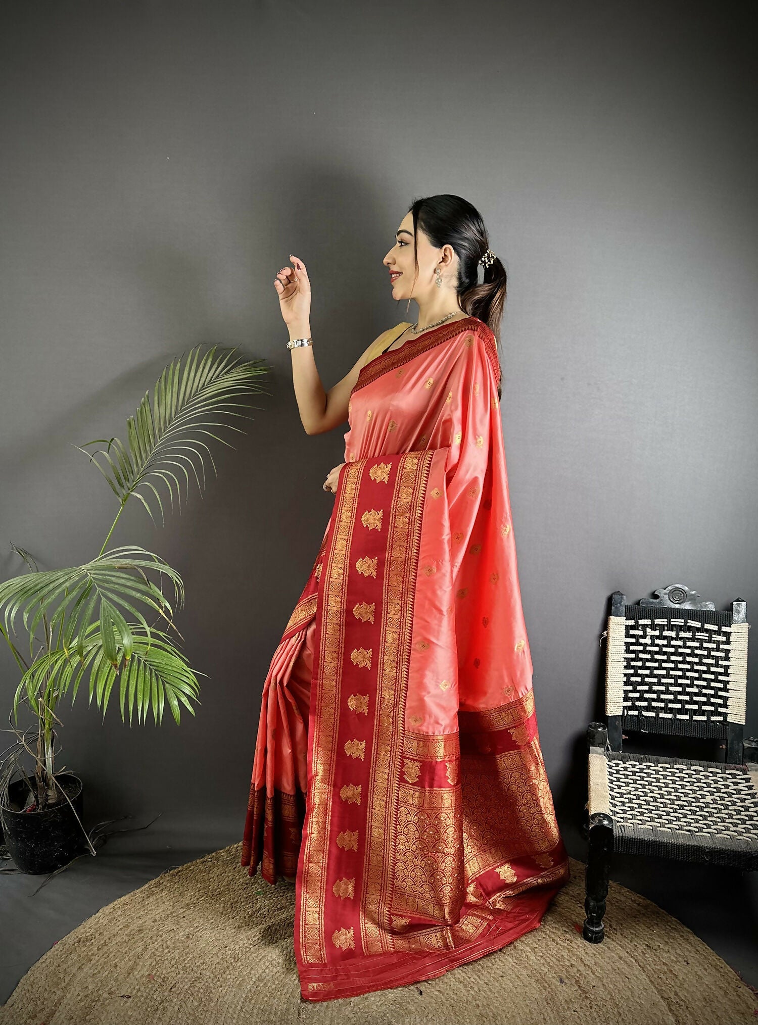 Joban Fashion Peach Banarasi Soft Silk Woven Butti Saree