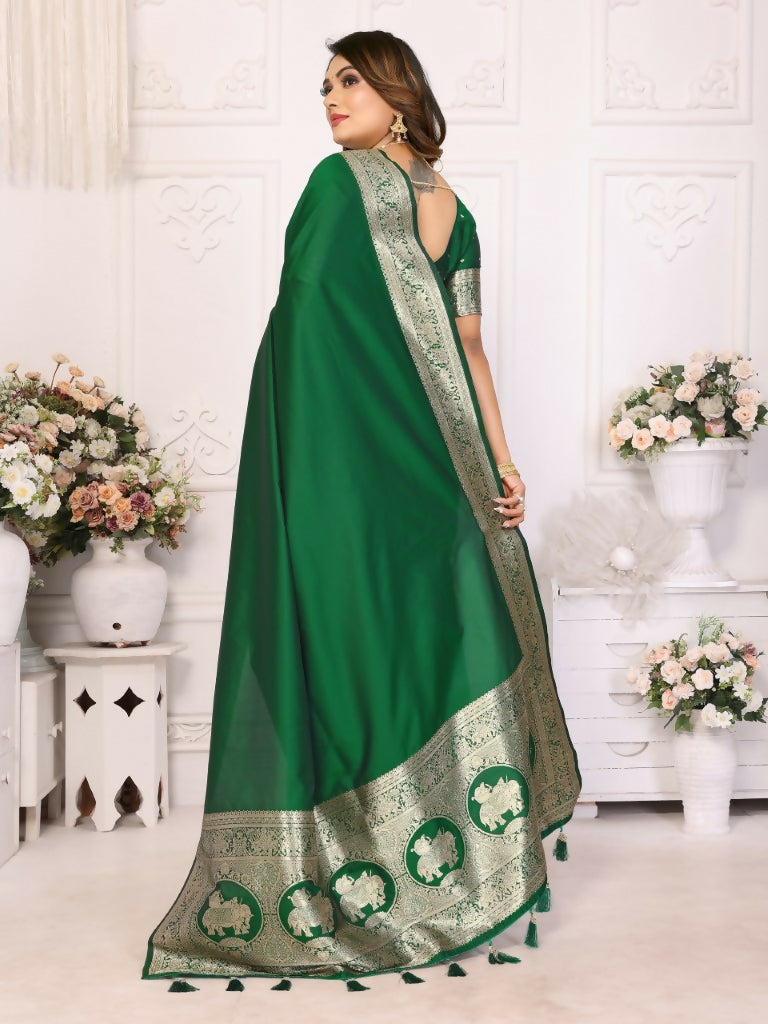 Anaita Dark Green Banarasi Silk With Beautiful Gala Weaving Saree With Blouse