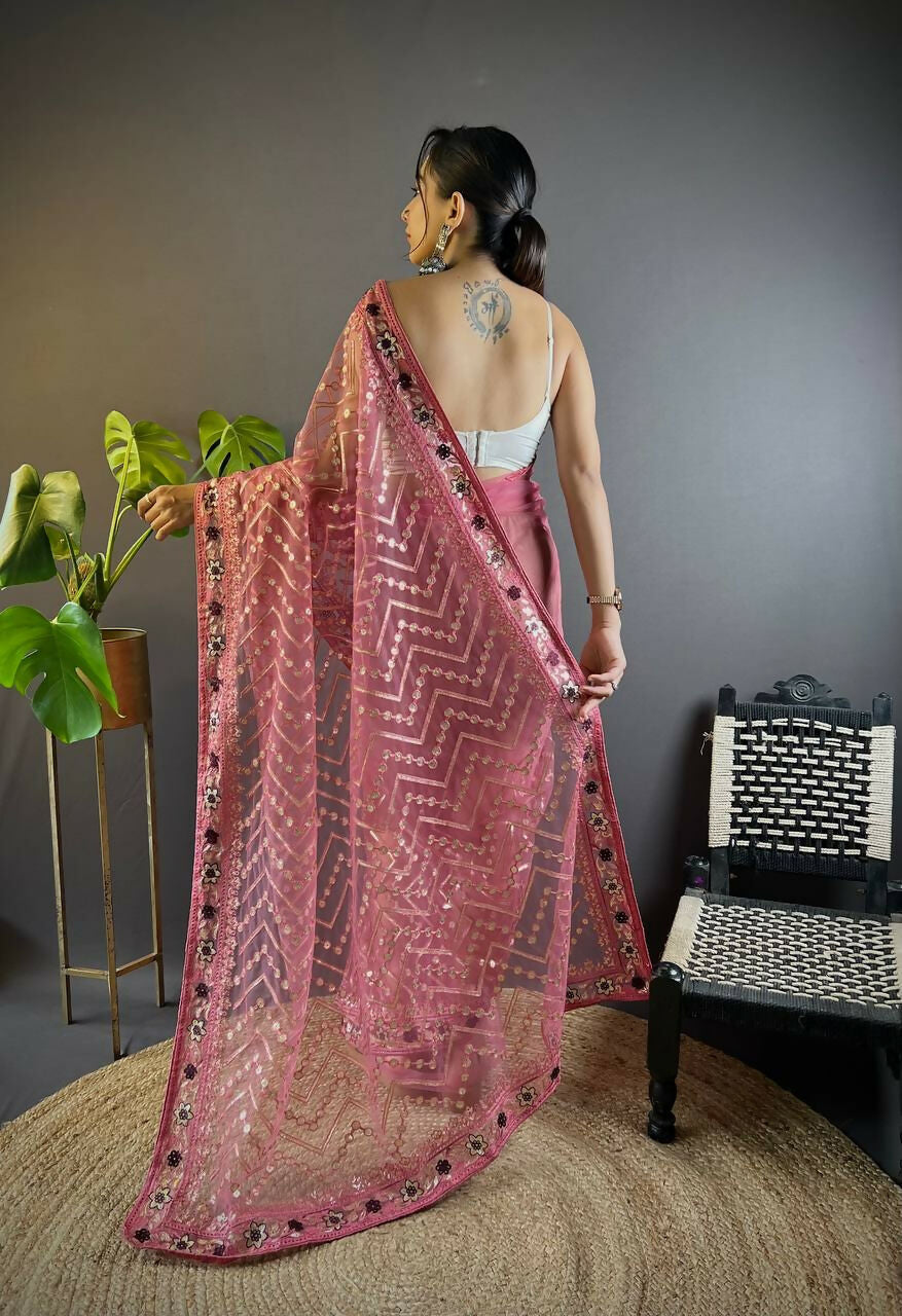 Vastranavya Butterfly Net Designer Chain Stitch Embroidery Work with Foil Thread & Stone Work Saree with Blouse Material - Pink