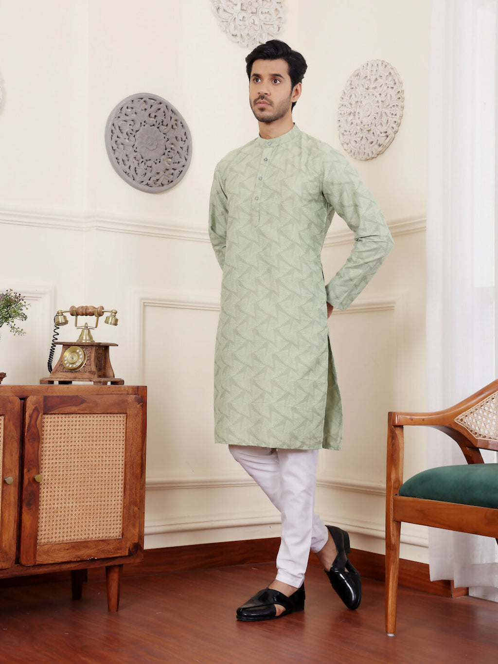 Green Viscose Woven Jacquard Work Men's Rajwadi Kurta Set - Mahotsav