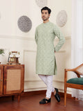 Green Viscose Woven Jacquard Work Men's Rajwadi Kurta Set - Mahotsav