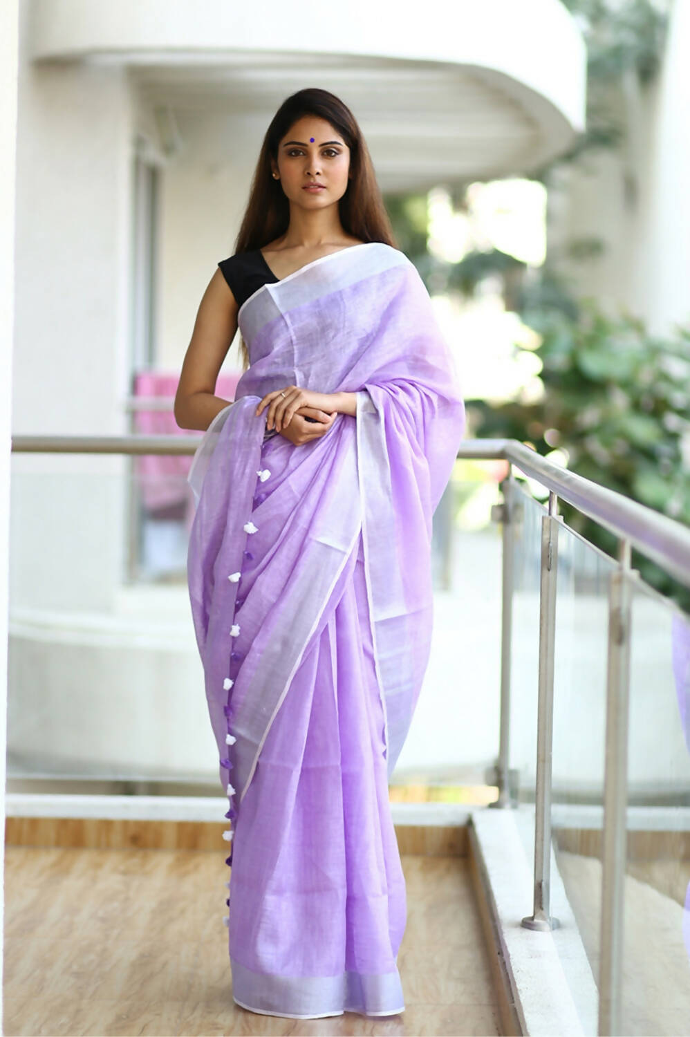 Very Much Indian Pure Linen Saree With Sleek Border And Exclusive Design - Lavender
