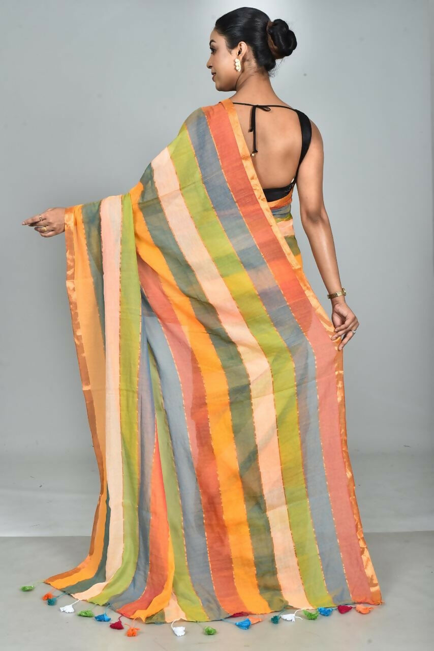 Exclusive Collection Beautiful Multi3 Pure Cotton Woven Handloom Saree With Running Blouse Piece