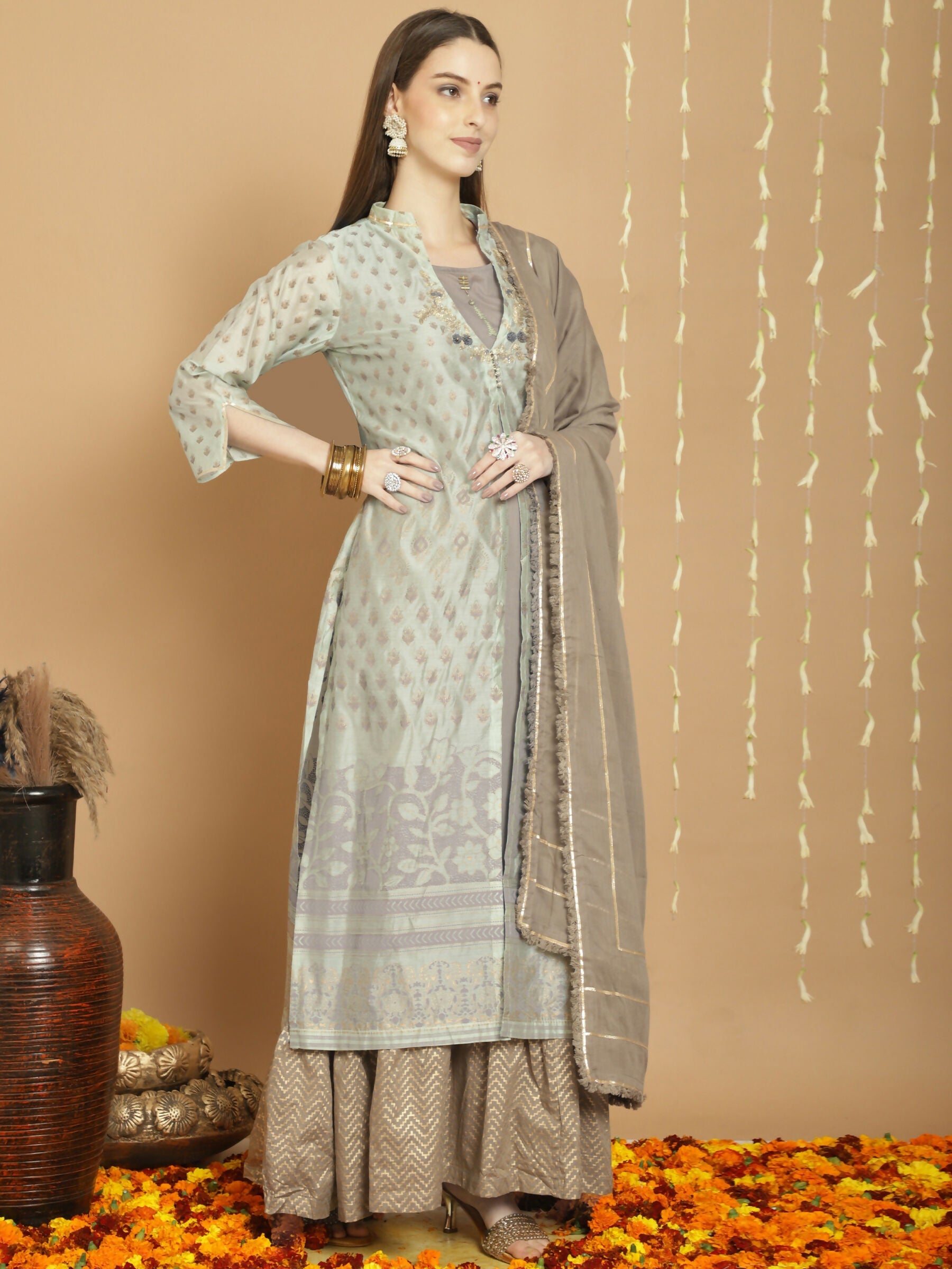 Jyoti Fashion Women's Green Chanderi Silk Elegant Jardoshi Semi Kurta with Trouser & Dupatta