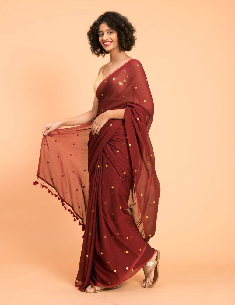 Suta Maroon Embellished Sequinned Pure Cotton Saree
