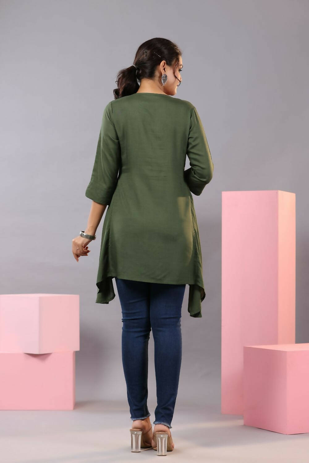 Juniper Women Olive Rayon Solid Asymmetric Kurta