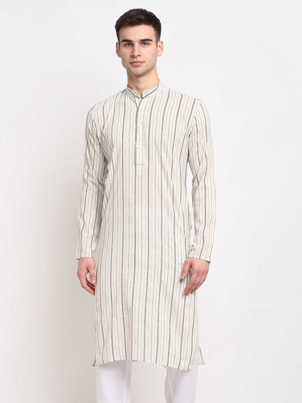 Jompers Men's Cream Cotton Striped Kurta Only