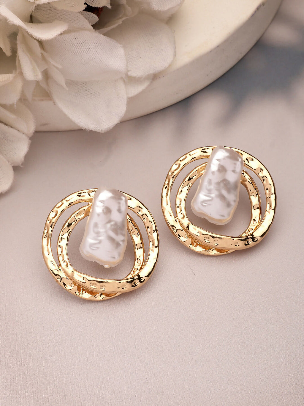 NVR Women's White & Gold-Polished Circular Shape Studs Earring