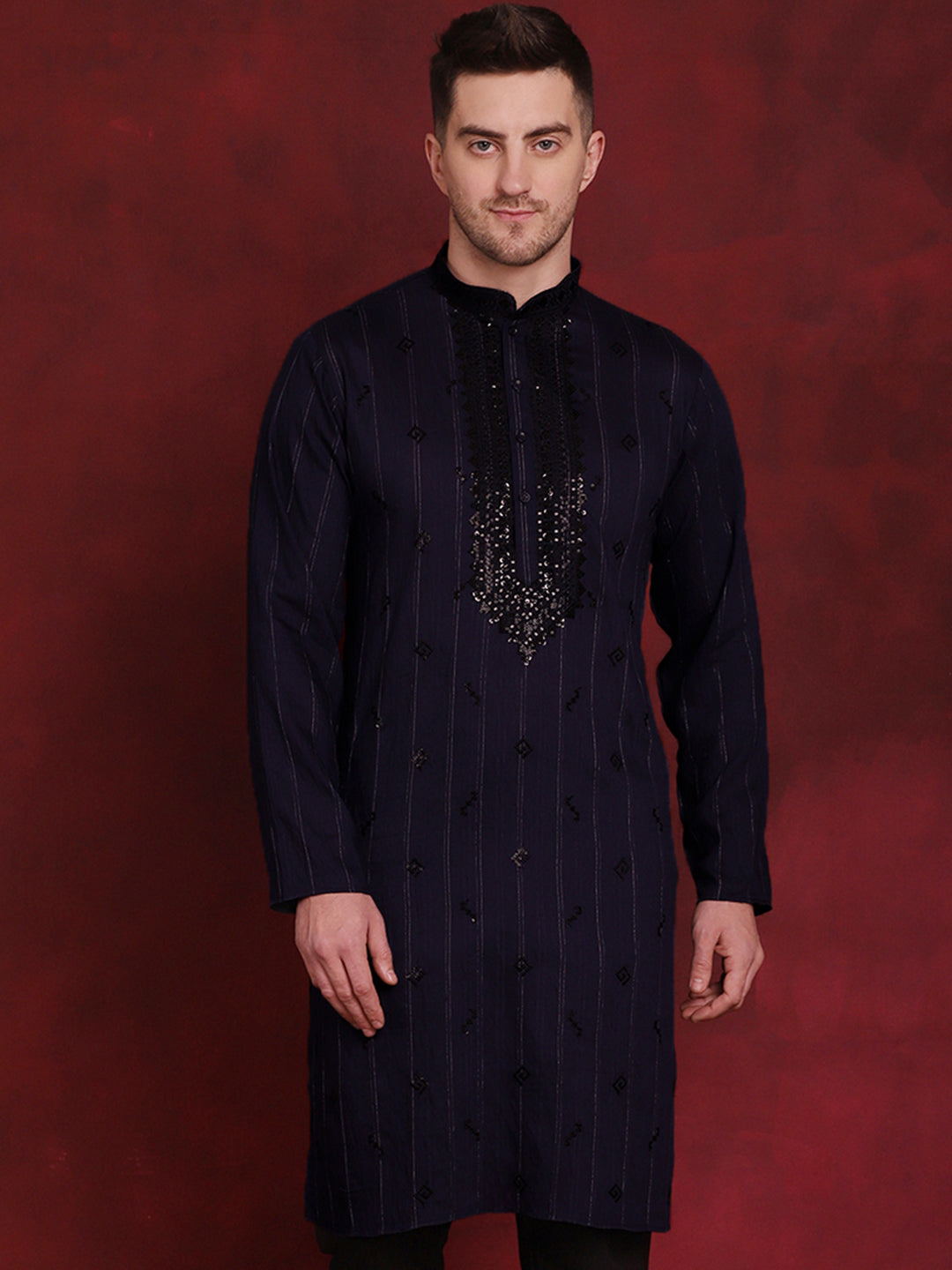 Jompers Men's Sequins Embroidered Kurta - Navy Blue