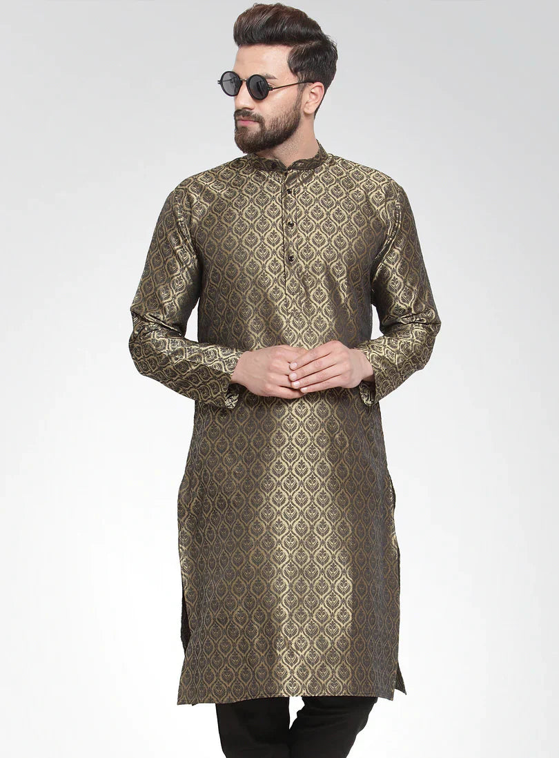 Jompers Men's Gold-Colored & Black Self Design Kurta Only