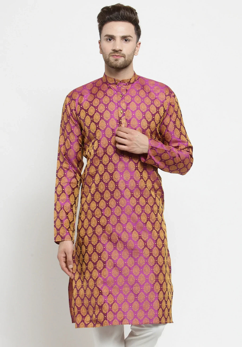 Jompers Men's Pink-Colored & Golden Self Design Kurta Only