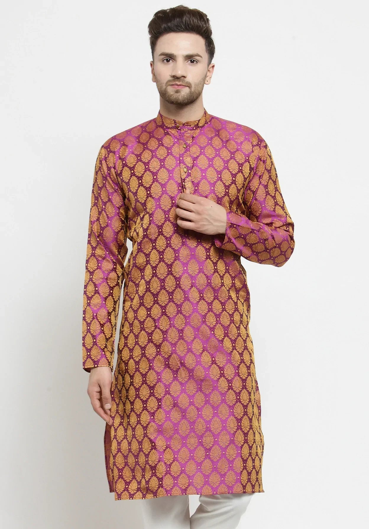 Jompers Men's Pink-Colored & Golden Self Design Kurta Only