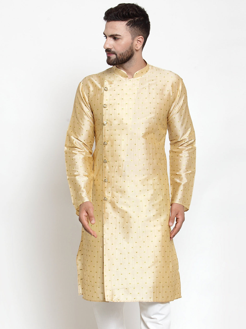 Jompers Men Mustard & Golden Self Design Kurta Only