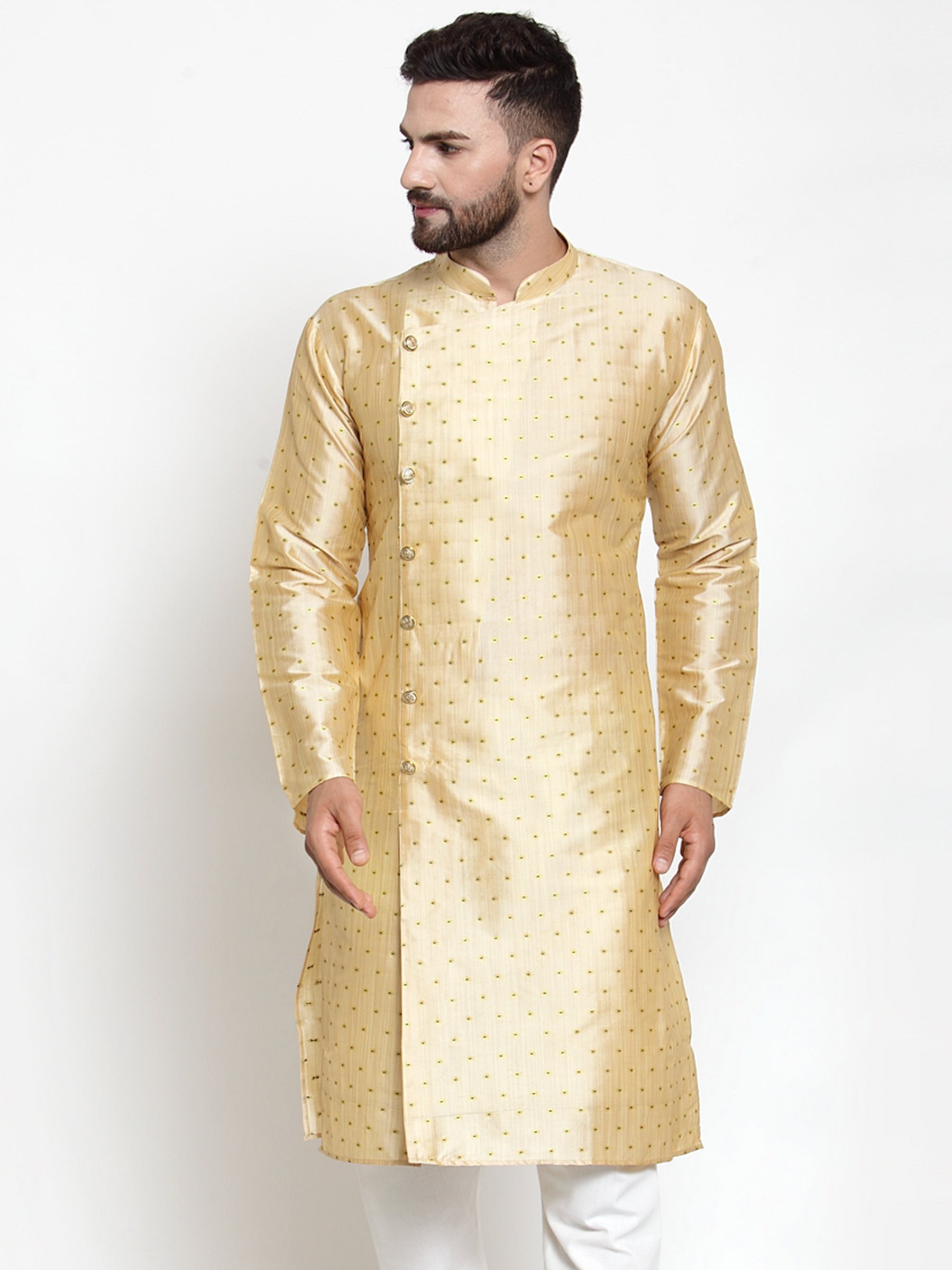 Jompers Men Mustard & Golden Self Design Kurta Only
