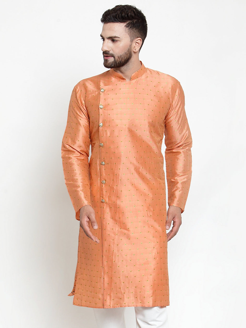 Jompers Men Peach & Golden Self Design Kurta Only