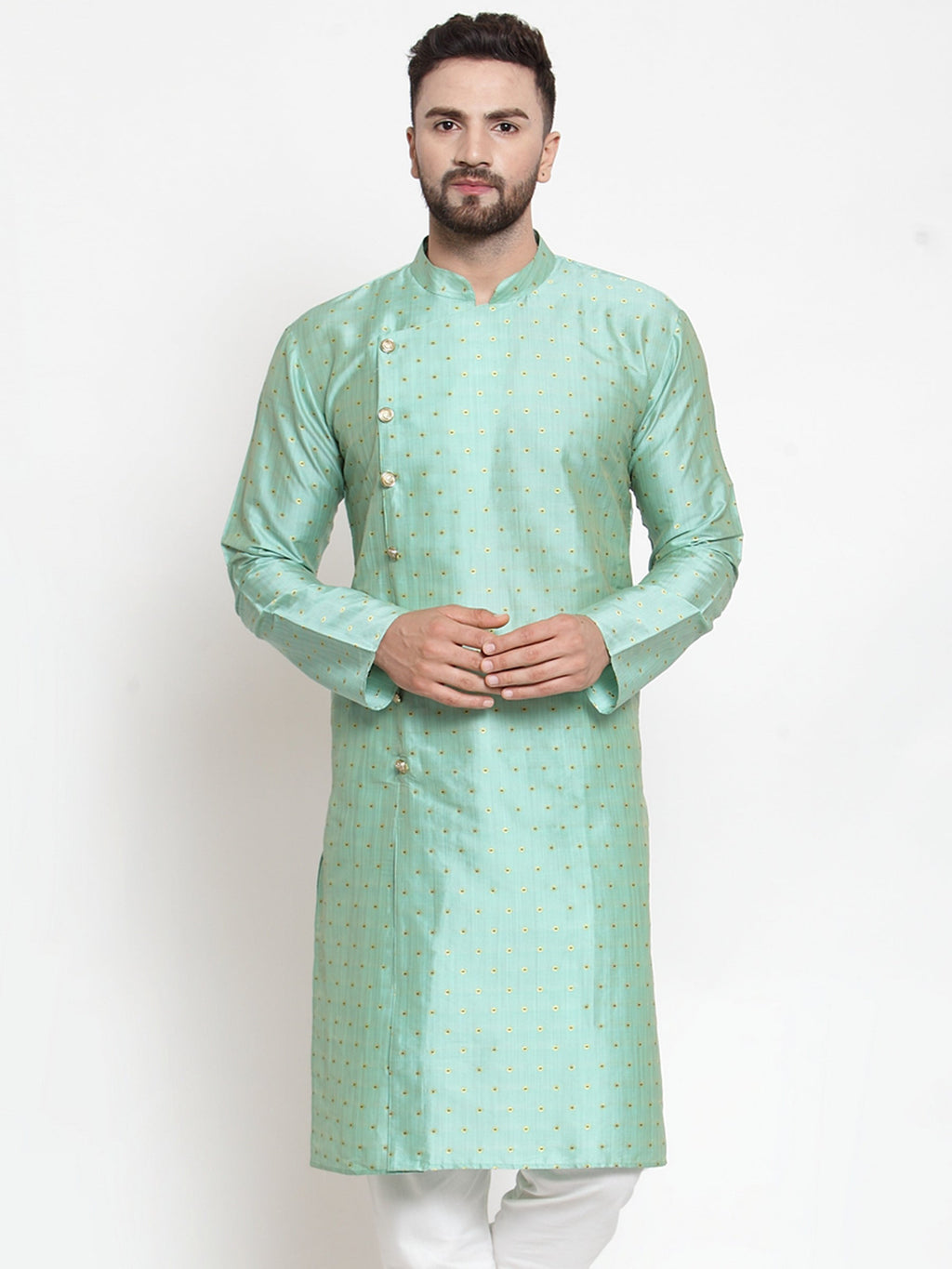Jompers Men Sky-Blue & Golden Self Design Kurta Only