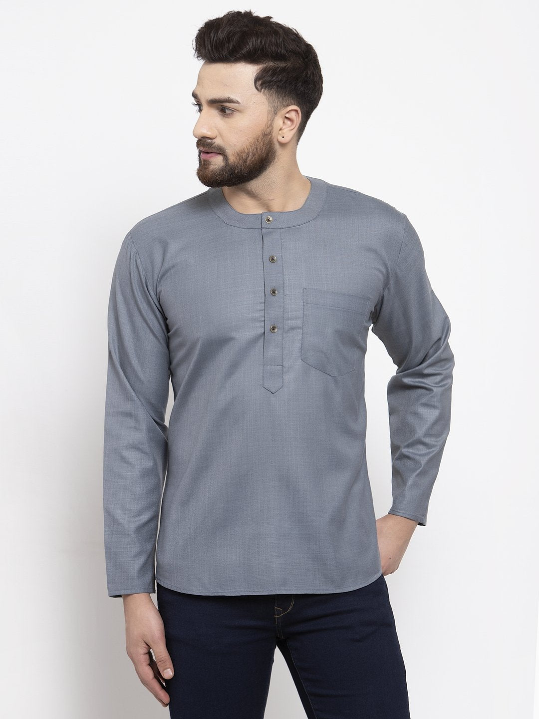 Jompers Men Grey Solid Straight Short Kurta