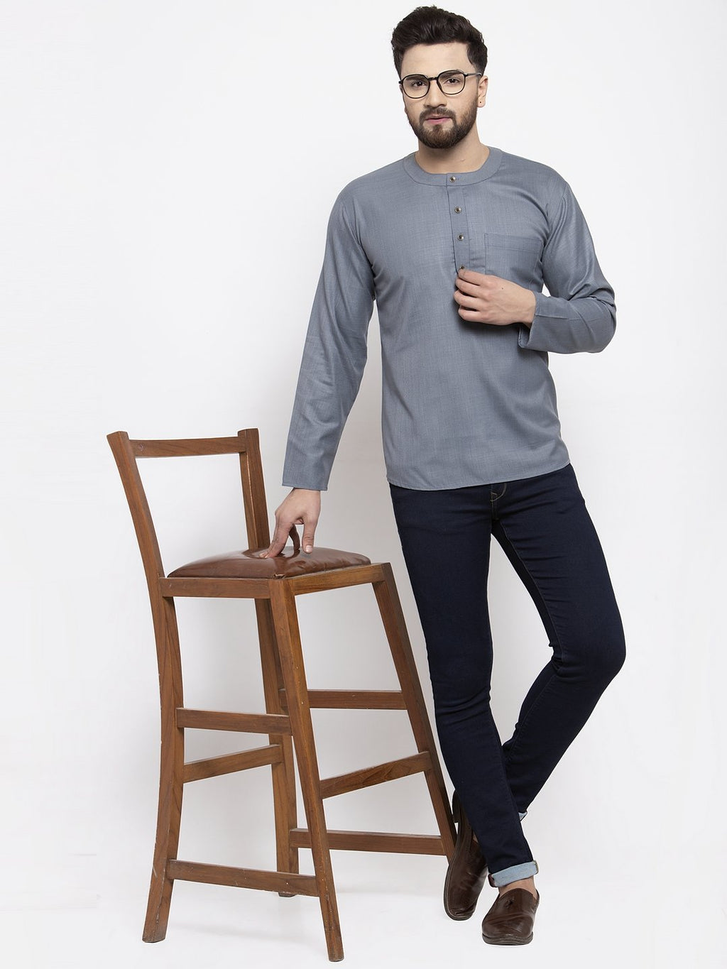 Jompers Men Grey Solid Straight Short Kurta
