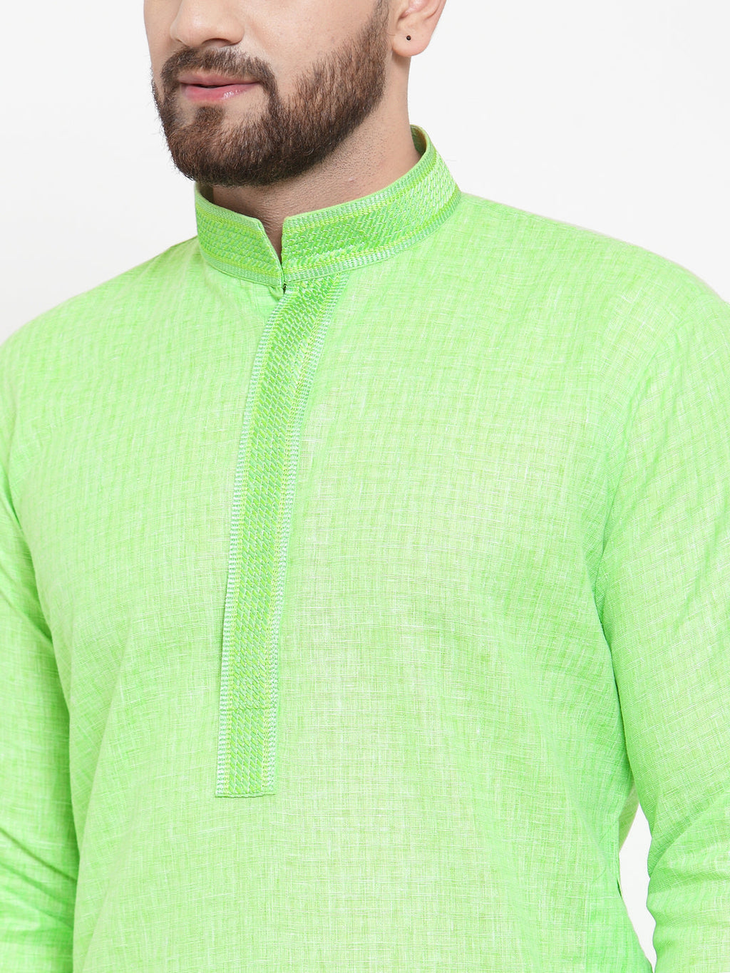 Jompers Men Green & White Embroidered Kurta Only