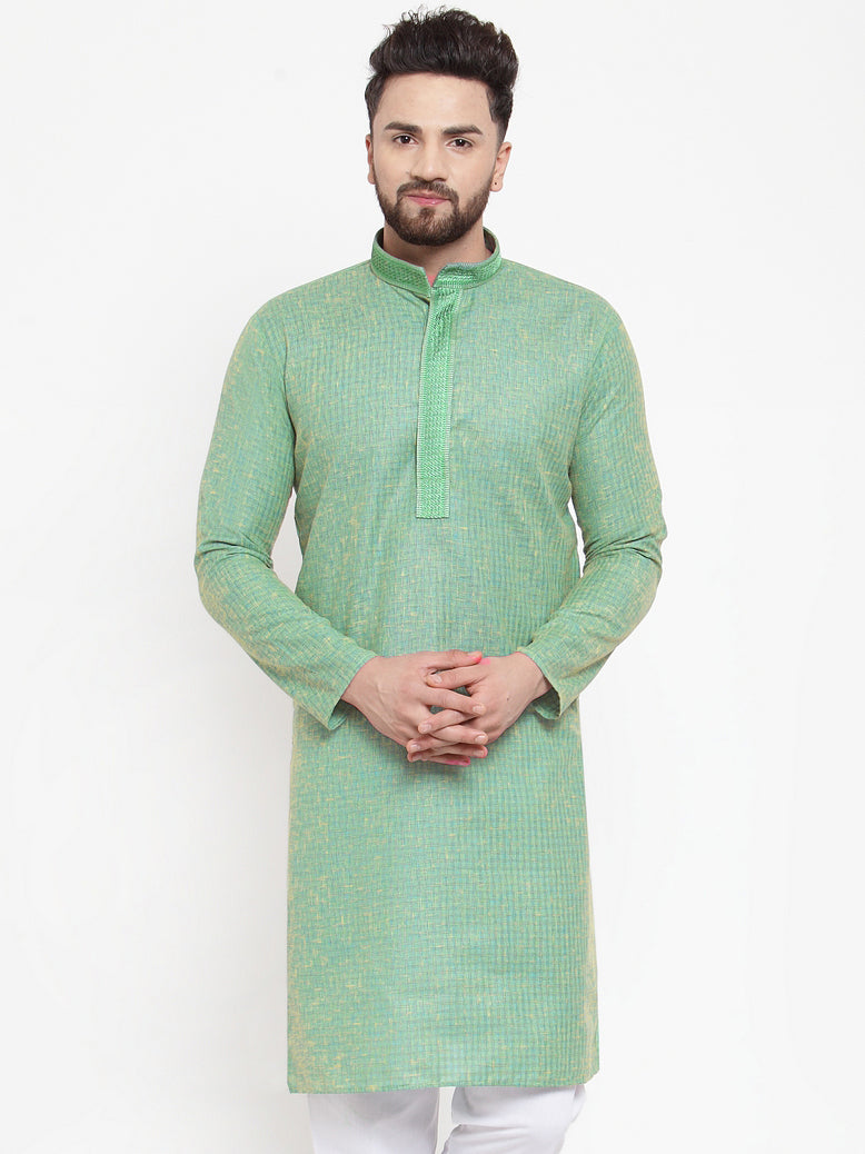 Jompers Men Sea Green & White Embroidered Kurta Only