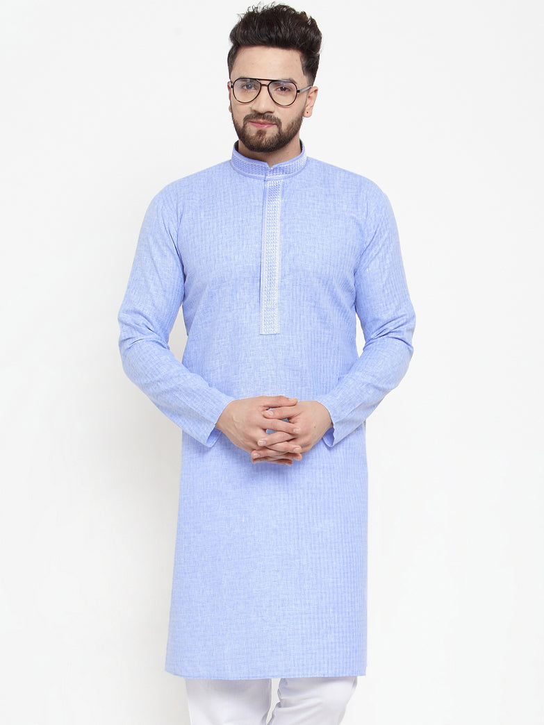 Jompers Men Blue & White Embroidered Kurta Only