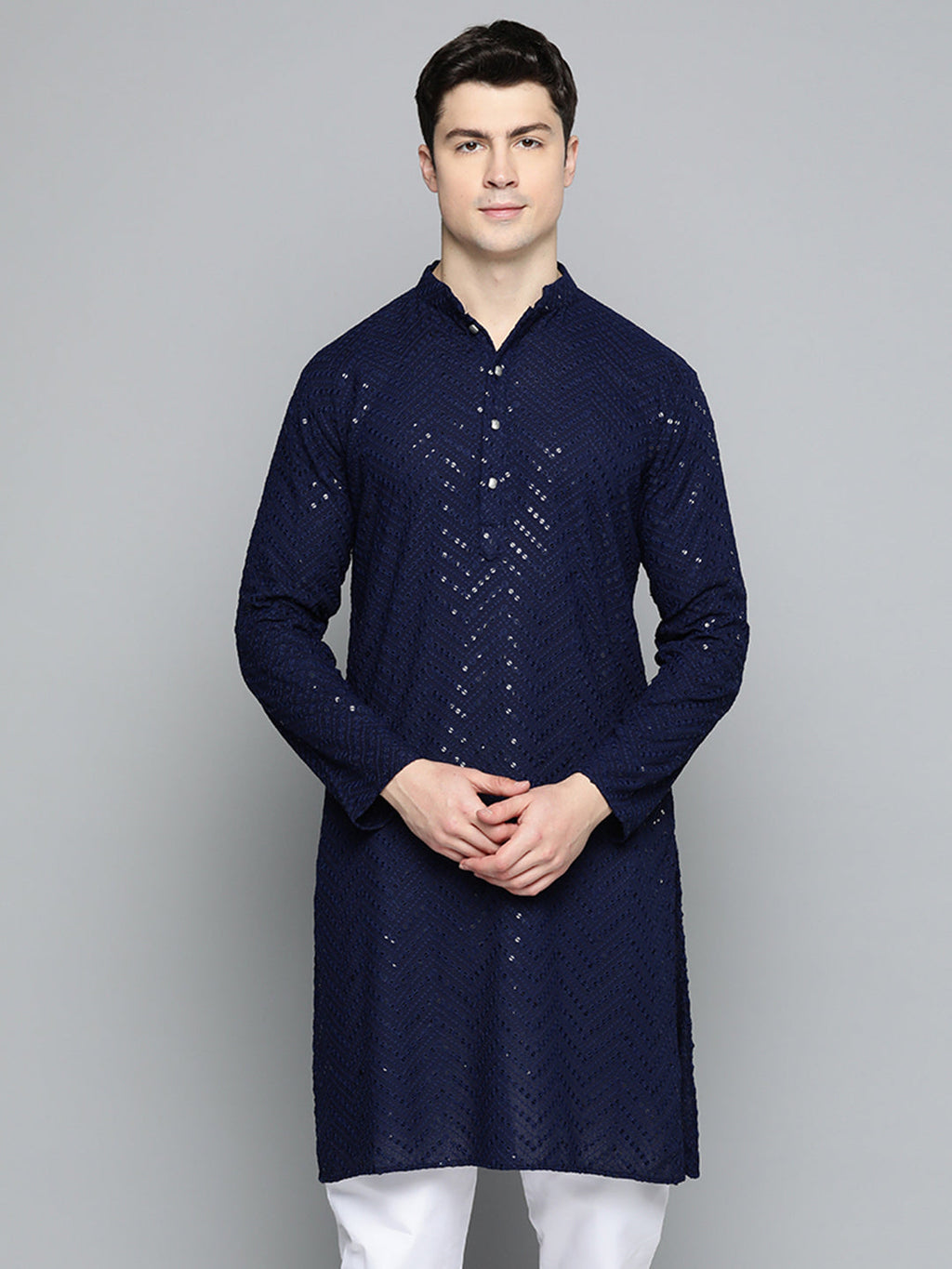 Jompers Men's Navy Blue Embroidered Sequinned Kurta with Churidar
