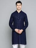 Jompers Men's Navy Blue Embroidered Sequinned Kurta with Churidar