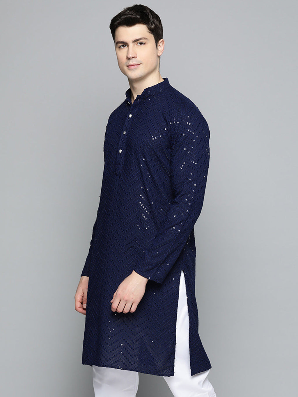 Jompers Men's Navy Blue Embroidered Sequinned Kurta with Churidar