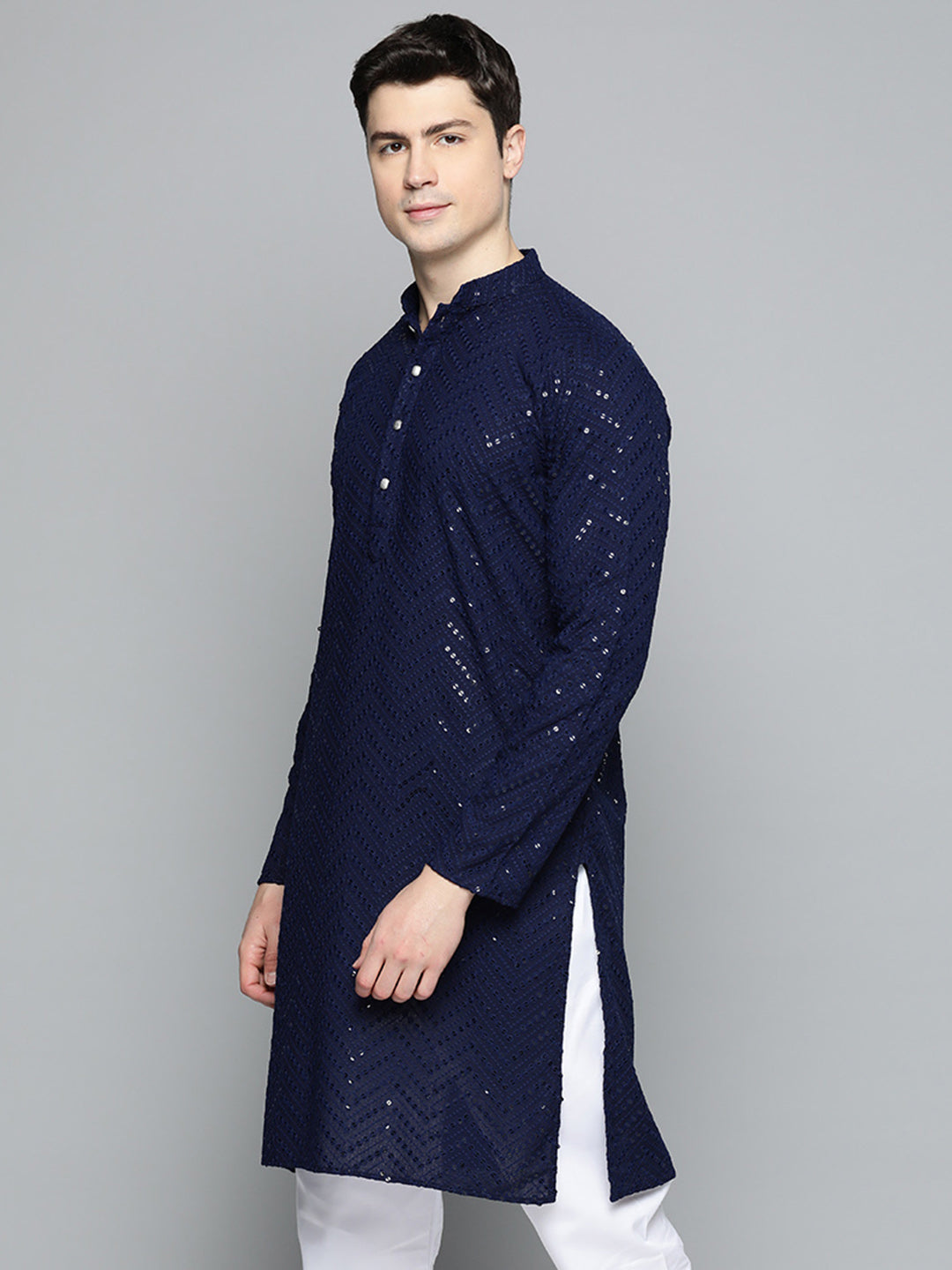 Jompers Men's Navy Blue Embroidered Sequinned Kurta with Churidar