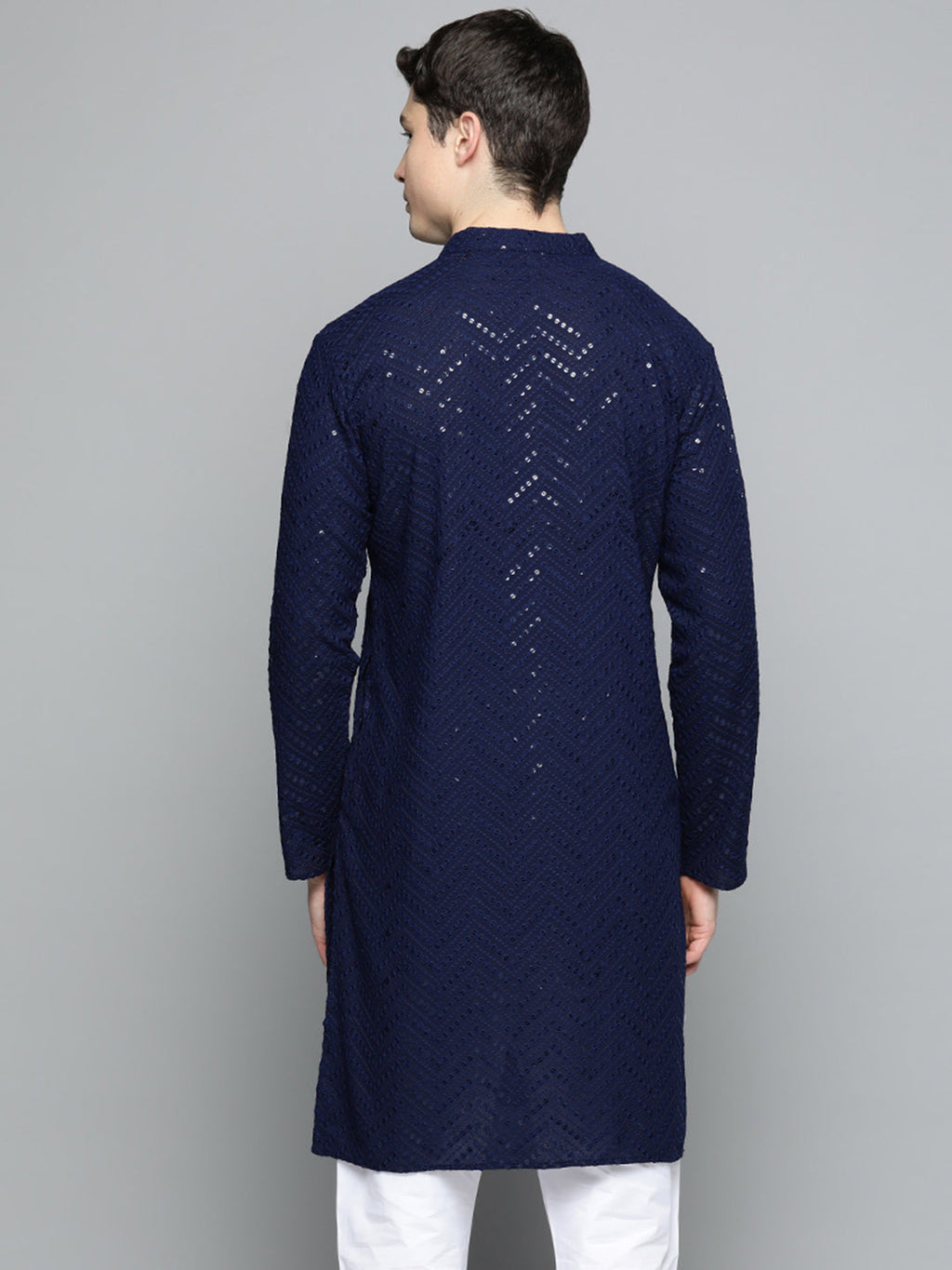 Jompers Men's Navy Blue Embroidered Sequinned Kurta with Churidar