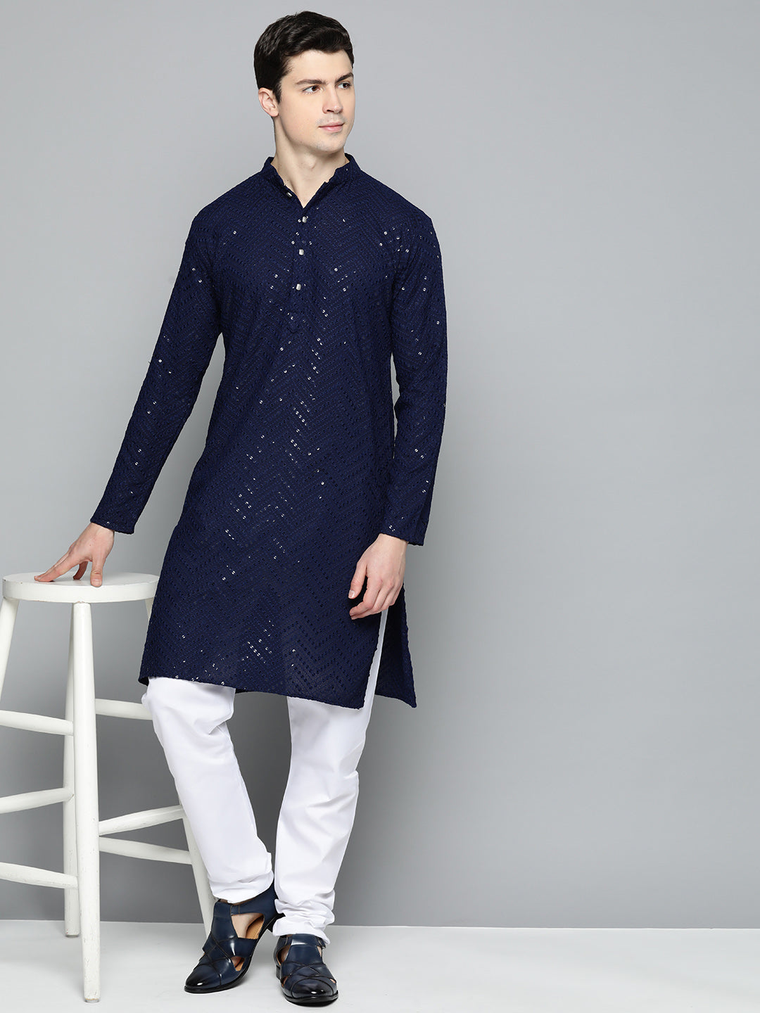 Jompers Men's Navy Blue Embroidered Sequinned Kurta with Churidar
