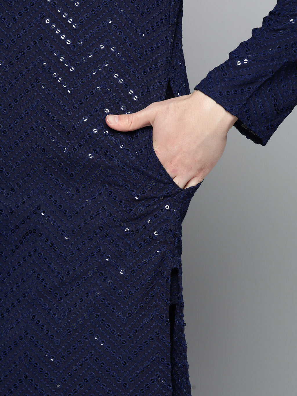 Jompers Men's Navy Blue Embroidered Sequinned Kurta with Churidar