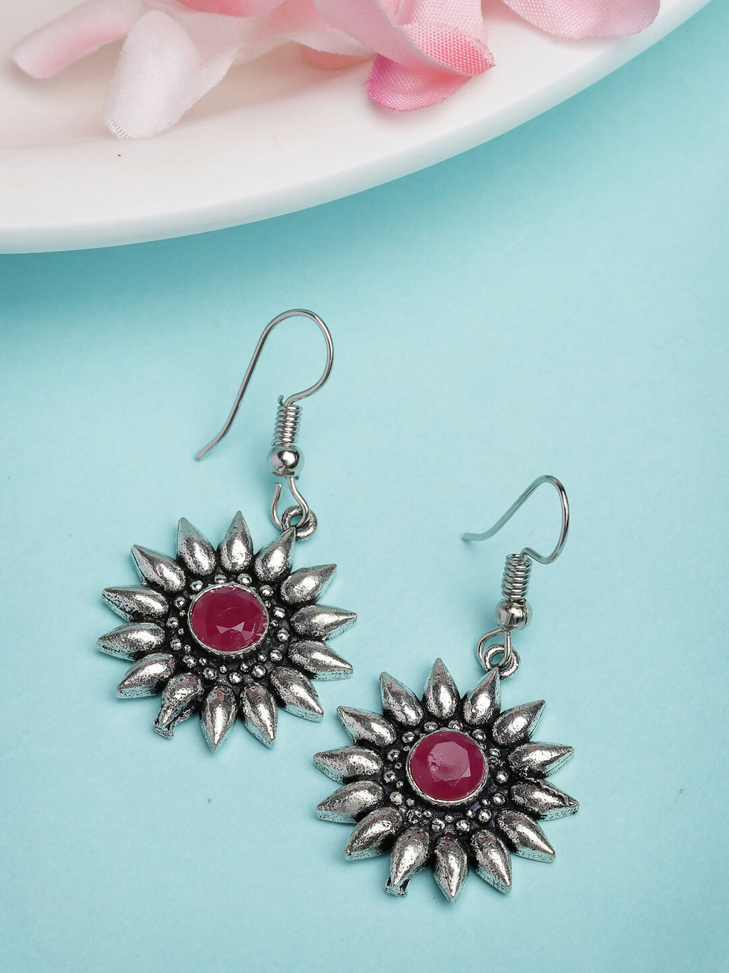 NVR Women's Silver-Toned Artificial Stones German Silver Oxidised Drop Earrings