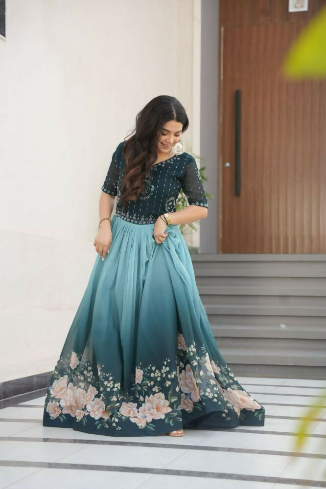Vastranavya Teal Faux Blooming With Beads Embroidered work and Rich Floral Pedding Digital Print Gown